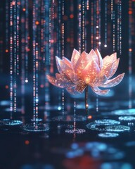 Poster - Vibrant Lotus Illuminated by Flowing Pastel Lights Amidst Digital Binary Code at Night