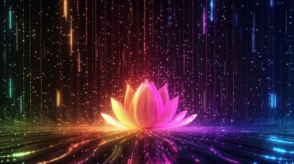 Poster - Colorful Lotus With Binary Code and Flowing Lights Against a Dark Background in a Minimalist Style
