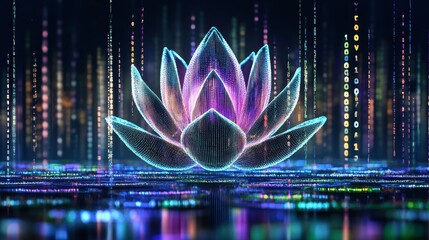 Poster - Vibrant Digital Lotus Surrounded by Flowing Binary Code and Colorful Lights in a Minimalist Style