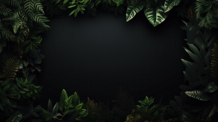 Poster - A dark, elegant background featuring green leaves that outline the borders of the frame, leaving a crisp white space in the middle.
