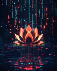 Poster - Neon-Lit Lotus Surrounded by Flowing Digital Binary Code in a Minimalist Style