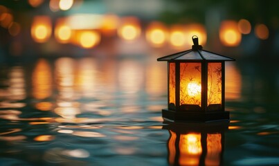 Wall Mural - Close-up of a glowing lantern floating on calm water, warm reflections and soft ripples