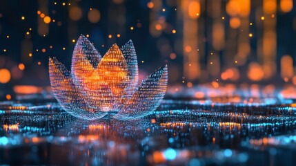 Poster - Digital Lotus Blooming With Vibrant Orange Lights and Binary Code in a Minimalist Aesthetic