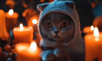 Wall Mural - Close-up of a gray cat in a small ghost costume, surrounded by soft candlelight Halloween decorations