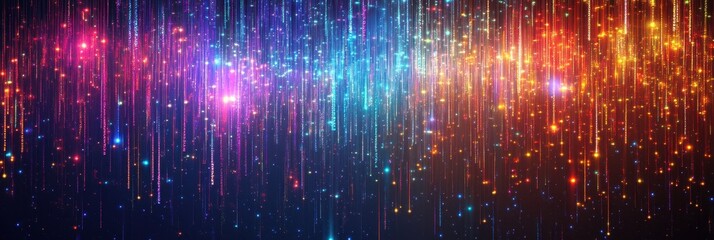 Poster - Colorful Neon Lights Flow Around Digital Binary Code Raised High in the Air at Night