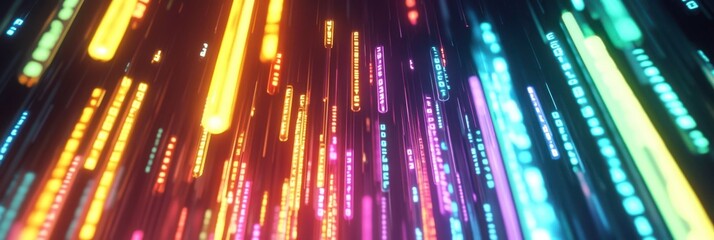 Poster - Colorful Neon Lights and Digital Binary Code Animate a Minimalist Space in Vibrant Detail