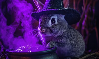 Poster - Close-up of a gray rabbit in a hat, sitting next to a bubbling cauldron