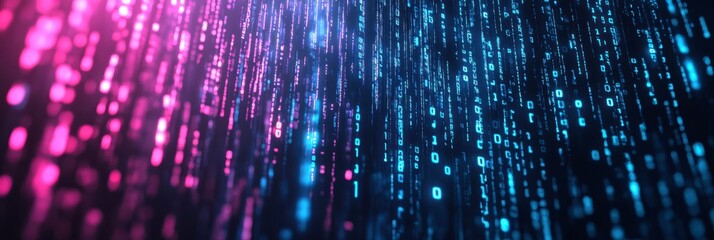 Poster - Colorful Neon Binary Code Flowing Amidst Minimalist Aesthetics in an Abstract Digital Landscape