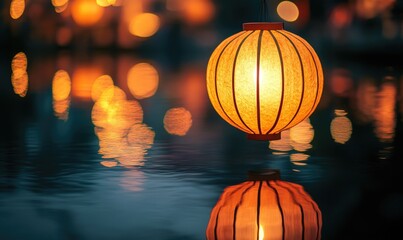 Close-up of a traditional paper lantern, glowing softly on water