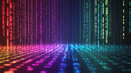 Colorful Binary Code Illuminated by Vibrant Rainbow Lights in a Minimalist Setting