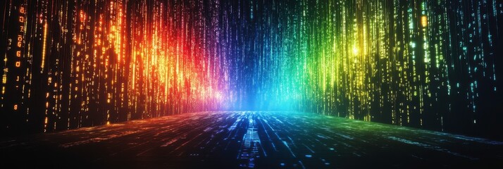 Poster - Colorful Binary Code Flows Amid Vibrant Rainbow Lights in a Minimalist Digital Landscape
