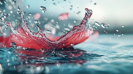  A red flower floats on tranquil water, shedding drops from its petals