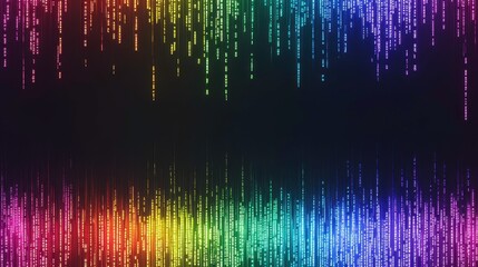 Poster - Colorful Binary Code Flowing Through a Minimalist Space Illuminated by Vibrant Rainbow Lights