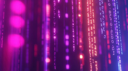 Poster - Colorful Binary Code Suspended in the Air Illuminated by Vibrant Neon Lights in a Minimalist Setting
