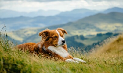 Poster - Collie lying on a grassy hill, mountains in the distance