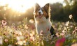 © TheoTheWizard - Collie standing in a field of wildflowers, sunlight filtering through petals