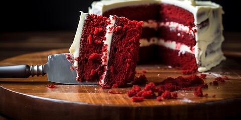 Slicing red velvet cake, lifting slice with care.