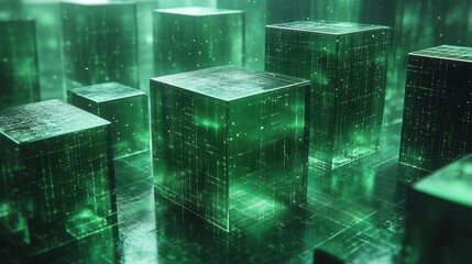 Poster - Glowing Green Cubes With Binary Patterns Create a Digital Landscape During a Futuristic Scene