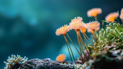  A cluster of small, orange flowers sits atop a moss-covered green plant near a body of water