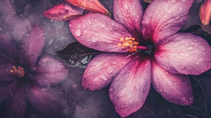  A tight shot of a purple bloom, adorned with dewdrops, and a verdant leaf beside