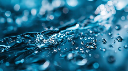 Wall Mural -  A close-up of water droplets on a blue water surface