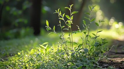  A tight shot of a tiny plant amidst a sea of grass, illuminated by sunlight filtering through distant trees