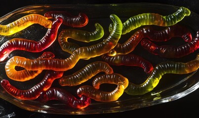 Gummy worms arranged in a spooky pattern, resting on a dark plate