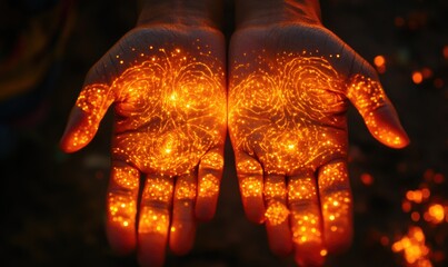 Wall Mural - Hands adorned with glowing celestial patterns, illuminated gently by warm orange light