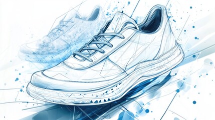 Wall Mural - A pair of white sneakers with blue highlights, drawn in a line art style.