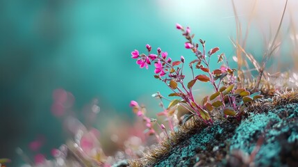  A tight shot of a tiny plant sprouting from a rock fissure, its edges framed by grass emerging from adjacent crevices