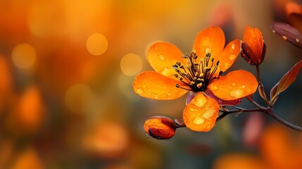 Wall Mural -  A tight shot of an orange blossom, adorned with water droplets on its petals, against a softly blurred backdrop