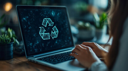 A businesswoman displays a recycling icon on her laptop screen to promote environmental responsibility in the workplace.