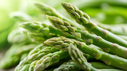 Wall Mural -  A group of green asparagus arranged neatly on a wooden table against a softly blurred background