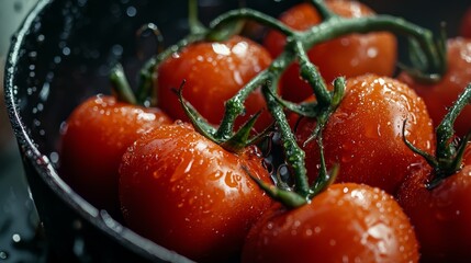 Wall Mural -  A close-up of tomatoes in a bowl, surrounded by water droplets above and below