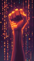 Poster - Hand Forming a V Sign With Digital Binary Code and Flowing Orange Lights in a Minimalist Design