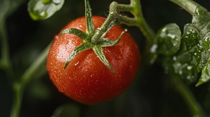 Wall Mural -  A tomato's vivid close-up on the vine, adorned with dewdrops atop stem and leaves