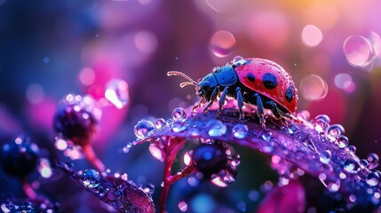  A tight shot of a ladybug perched on a leaf, with dewdrops on its elytra