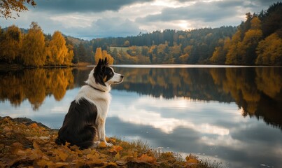 Wall Mural - Scottish Sheepdog sitting by a tranquil lake, calm water reflecting the sky