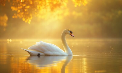 Wall Mural - Serene white swan drifting on still water, gentle reflections shimmering in the evening light