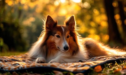 Wall Mural - Sheltie lying on a picnic blanket