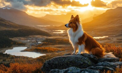 Wall Mural - Sheltie standing on a hilltop, overlooking a valley