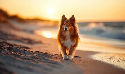 Wall Mural - Sheltie standing on a sandy beach, waves in the background