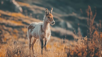  A goat, brown and white, stands atop a dry grass-covered field In the background, a mountain looms