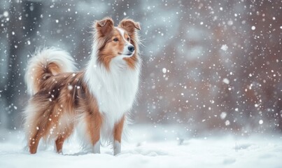 Wall Mural - Sheltie standing on a snowy landscape, snowflakes falling