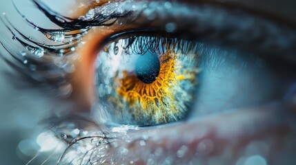 Poster -  A tight shot of an eye, adorned with droplets on its iris