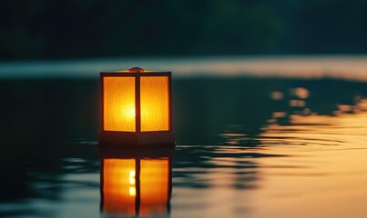 Wall Mural - Single floating candle on rippling water, soft golden glow illuminating the scene