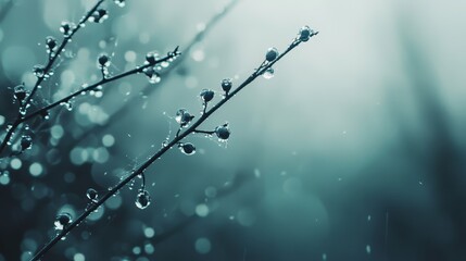 Wall Mural -  A tight shot of a plant with dew on its leaves in the foreground, and indistinct trees in the background