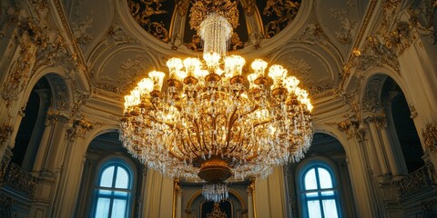 Sticker - Ornate chandelier hangs in a grand hall with arched windows.