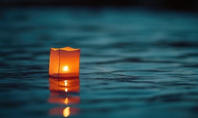 Single floating candle on rippling water, soft golden glow illuminating the scene