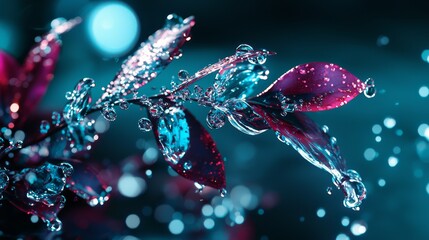 Wall Mural -  A tight shot of a blue-pink bloom, adorned with dewdrops on its petals